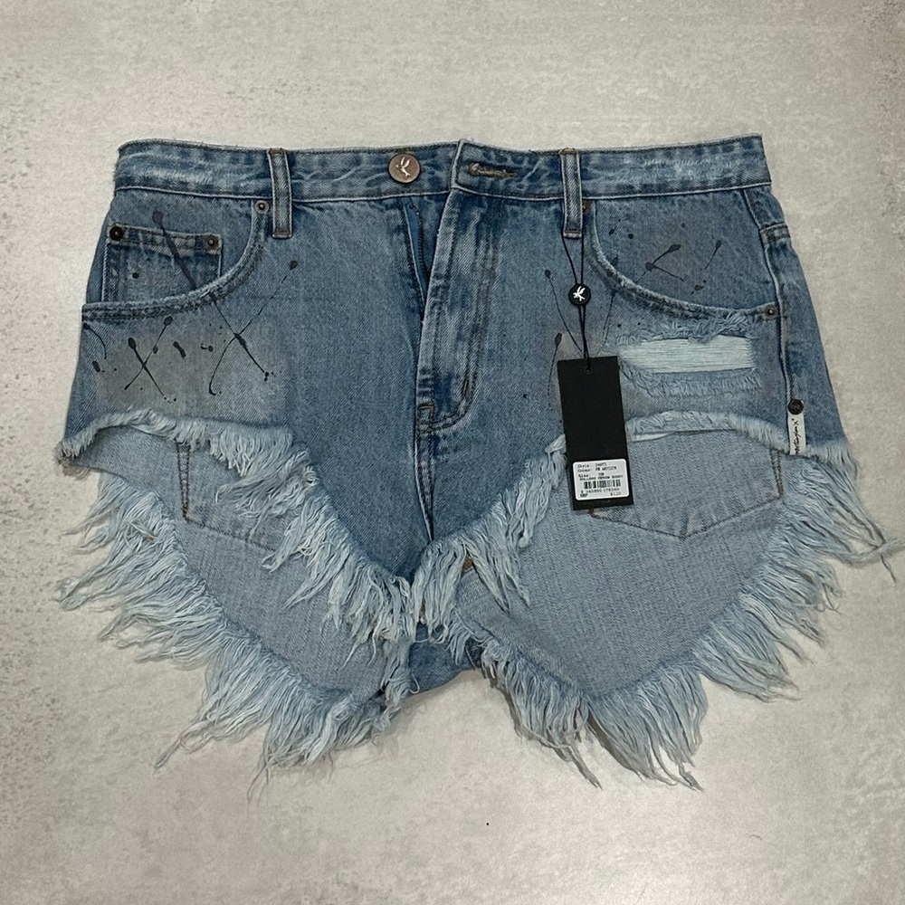 One Teaspoon Blue Frayed Jean Shorts